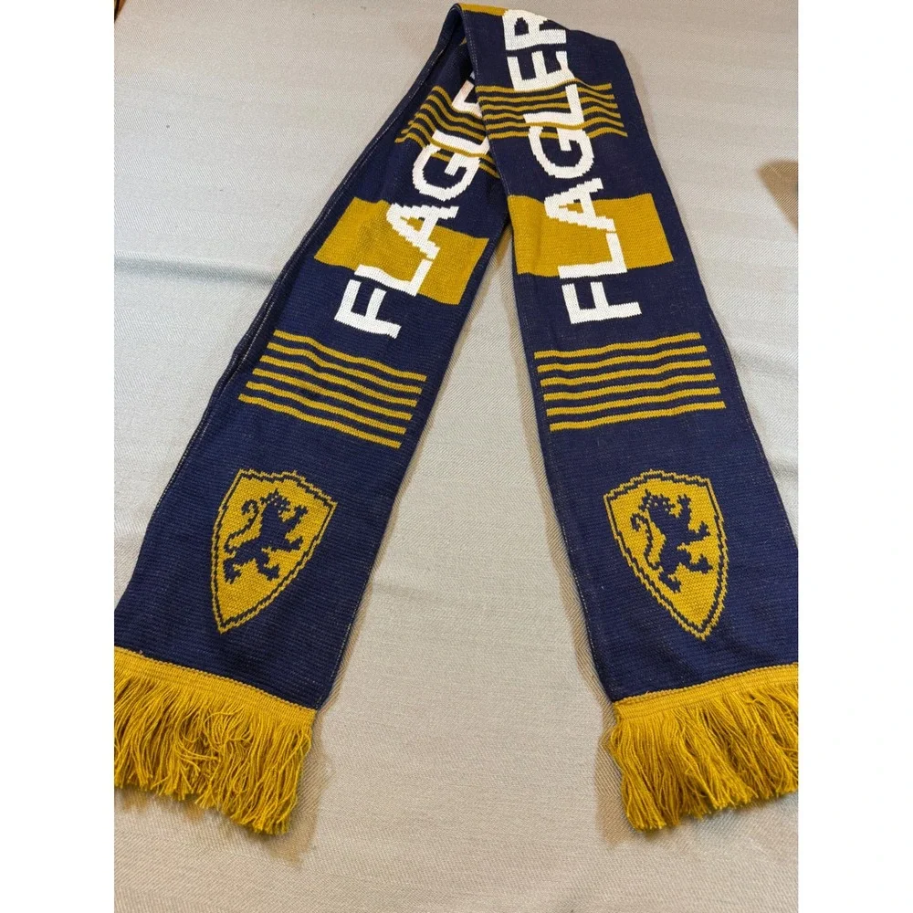 Flagler College Scarf Navy Blue Gold Knit Lion Crest Collegiate Fringe Scarf